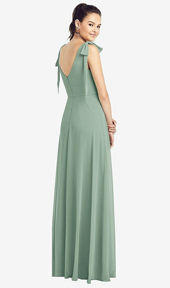 Back View - Seagrass Bow-Shoulder V-Back Chiffon Gown with Front Slit