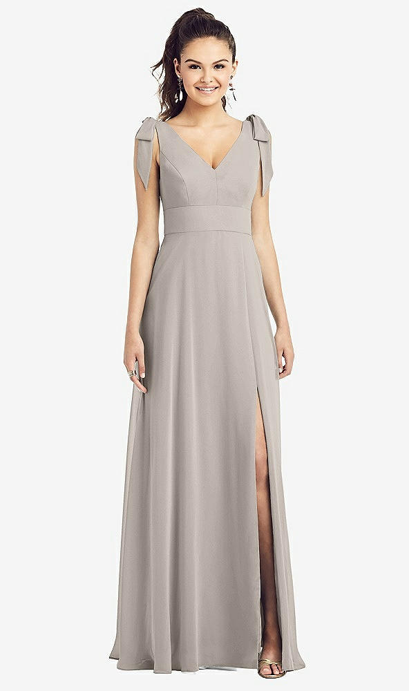Front View - Taupe Bow-Shoulder V-Back Chiffon Gown with Front Slit