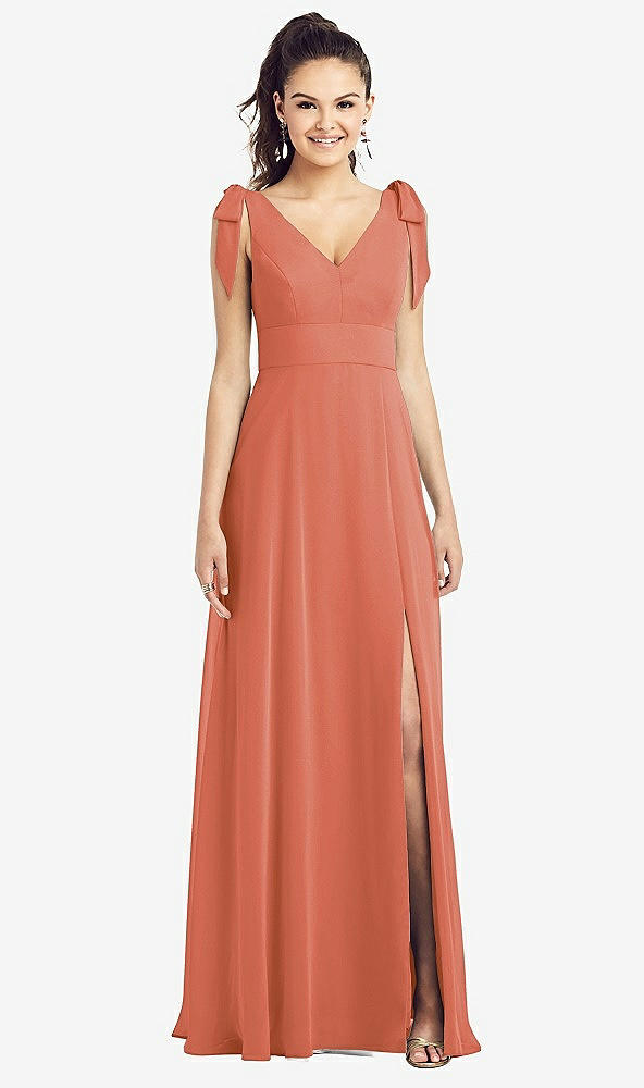 Front View - Terracotta Copper Bow-Shoulder V-Back Chiffon Gown with Front Slit