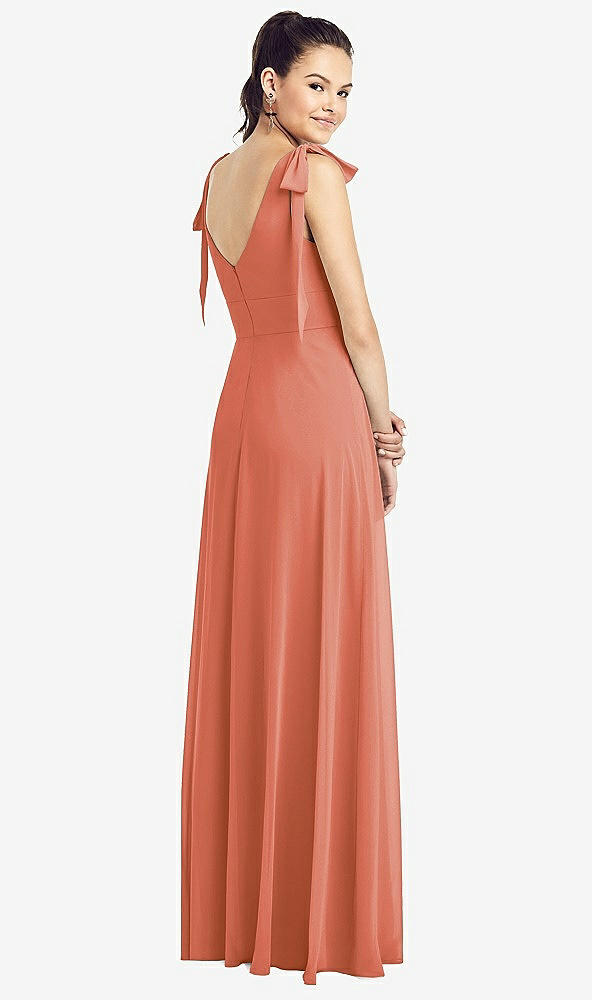 Back View - Terracotta Copper Bow-Shoulder V-Back Chiffon Gown with Front Slit