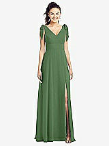 Front View Thumbnail - Vineyard Green Bow-Shoulder V-Back Chiffon Gown with Front Slit