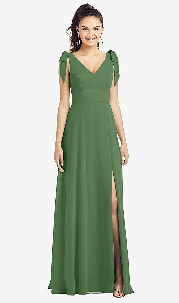 Front View - Vineyard Green Bow-Shoulder V-Back Chiffon Gown with Front Slit