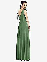 Rear View Thumbnail - Vineyard Green Bow-Shoulder V-Back Chiffon Gown with Front Slit