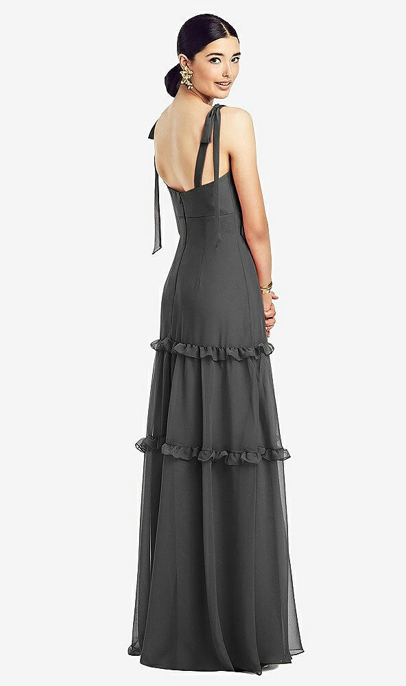 Back View - Charcoal Gray Bowed Tie-Shoulder Chiffon Dress with Tiered Ruffle Skirt