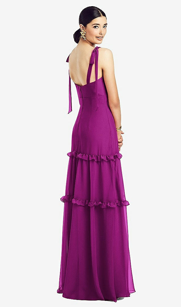 Back View - Persian Plum Bowed Tie-Shoulder Chiffon Dress with Tiered Ruffle Skirt
