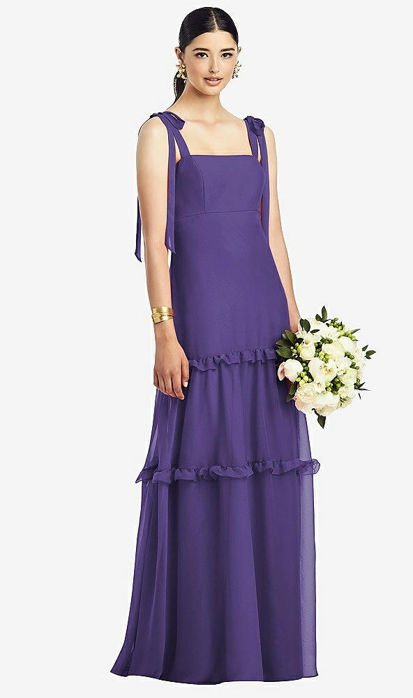 Front View - Regalia - PANTONE Ultra Violet Bowed Tie-Shoulder Chiffon Dress with Tiered Ruffle Skirt