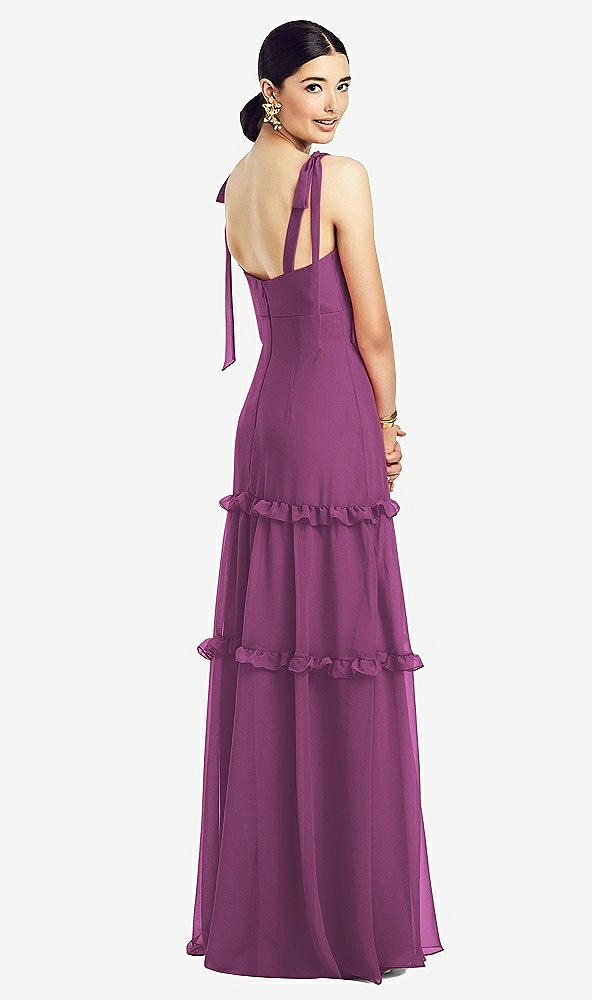 Back View - Radiant Orchid Bowed Tie-Shoulder Chiffon Dress with Tiered Ruffle Skirt