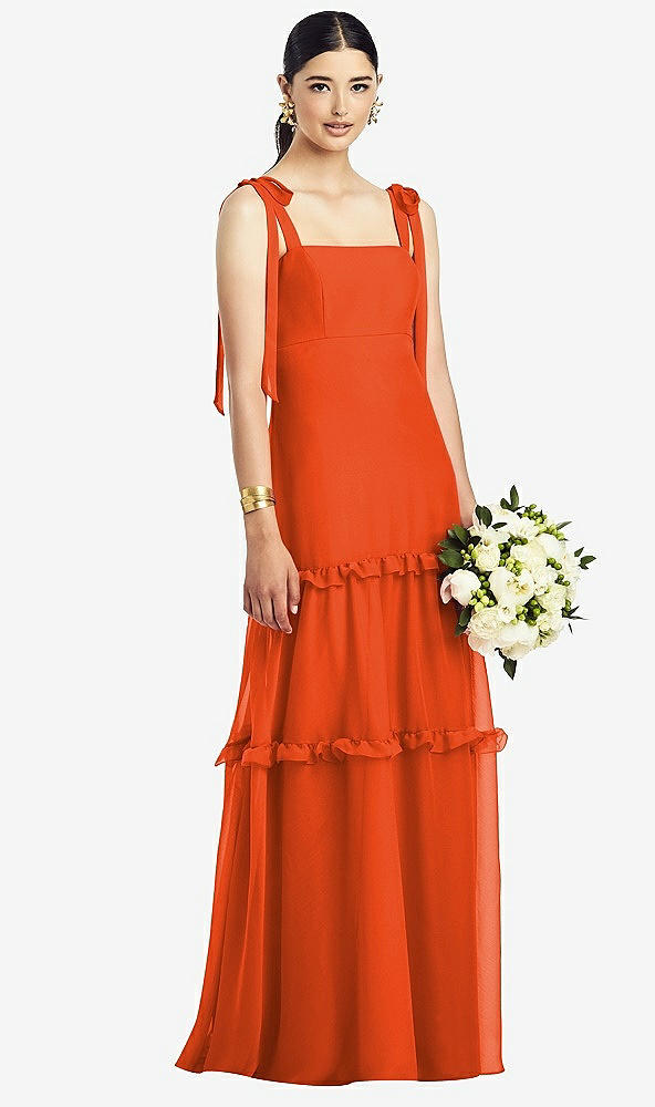 Front View - Tangerine Tango Bowed Tie-Shoulder Chiffon Dress with Tiered Ruffle Skirt