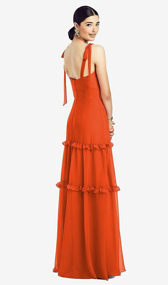 Back View - Tangerine Tango Bowed Tie-Shoulder Chiffon Dress with Tiered Ruffle Skirt