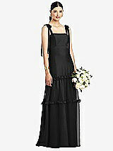 Front View Thumbnail - Black Bowed Tie-Shoulder Chiffon Dress with Tiered Ruffle Skirt
