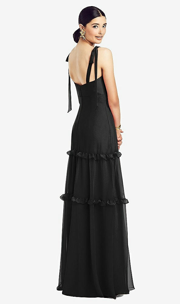 Back View - Black Bowed Tie-Shoulder Chiffon Dress with Tiered Ruffle Skirt