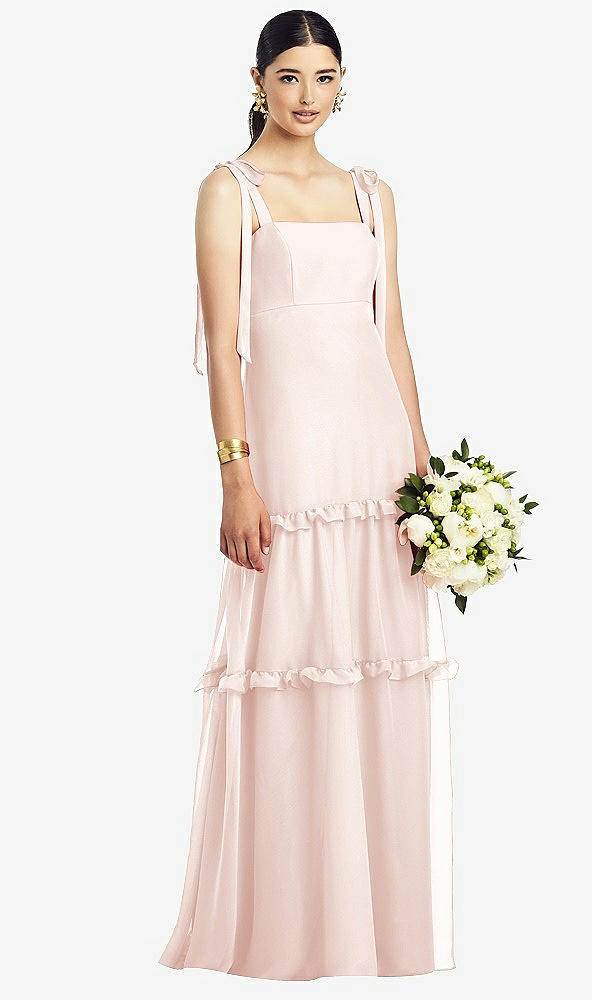 Front View - Blush Bowed Tie-Shoulder Chiffon Dress with Tiered Ruffle Skirt