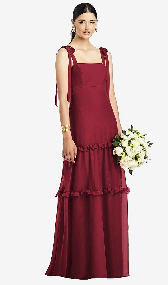 Front View - Claret Bowed Tie-Shoulder Chiffon Dress with Tiered Ruffle Skirt