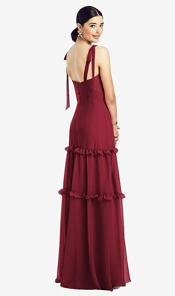 Back View - Claret Bowed Tie-Shoulder Chiffon Dress with Tiered Ruffle Skirt