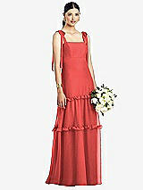 Front View Thumbnail - Perfect Coral Bowed Tie-Shoulder Chiffon Dress with Tiered Ruffle Skirt