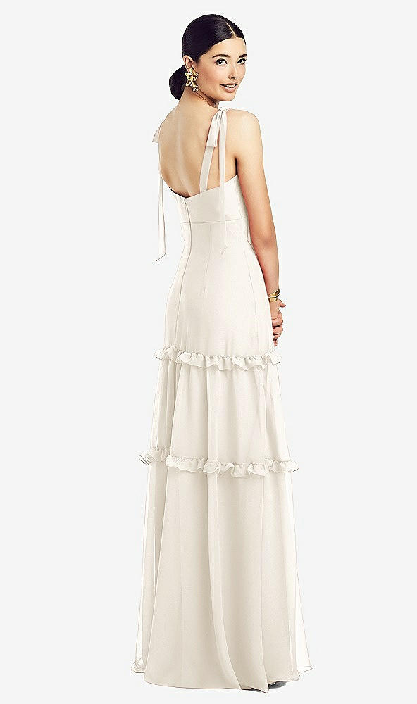 Back View - Ivory Bowed Tie-Shoulder Chiffon Dress with Tiered Ruffle Skirt