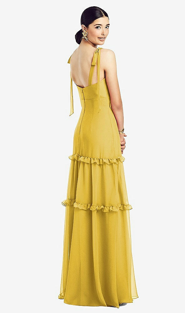 Back View - Marigold Bowed Tie-Shoulder Chiffon Dress with Tiered Ruffle Skirt