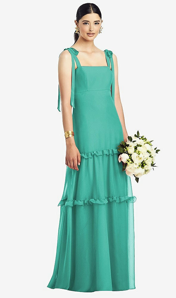 Front View - Pantone Turquoise Bowed Tie-Shoulder Chiffon Dress with Tiered Ruffle Skirt