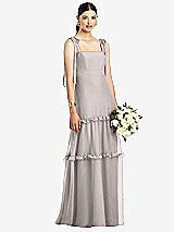 Front View Thumbnail - Taupe Bowed Tie-Shoulder Chiffon Dress with Tiered Ruffle Skirt