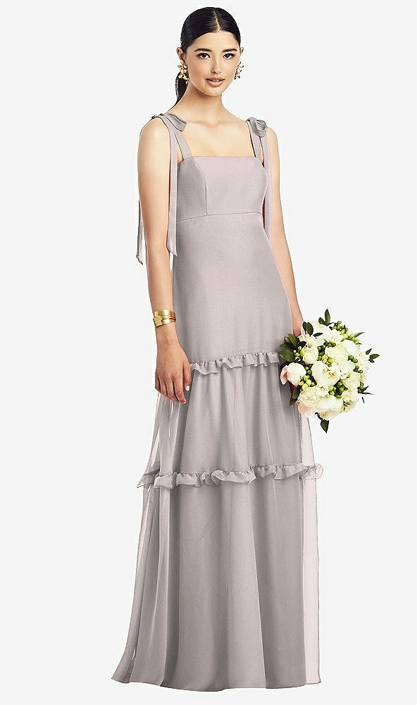 Front View - Taupe Bowed Tie-Shoulder Chiffon Dress with Tiered Ruffle Skirt