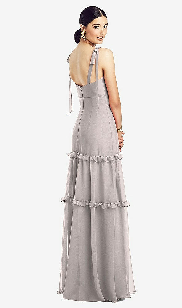Back View - Taupe Bowed Tie-Shoulder Chiffon Dress with Tiered Ruffle Skirt
