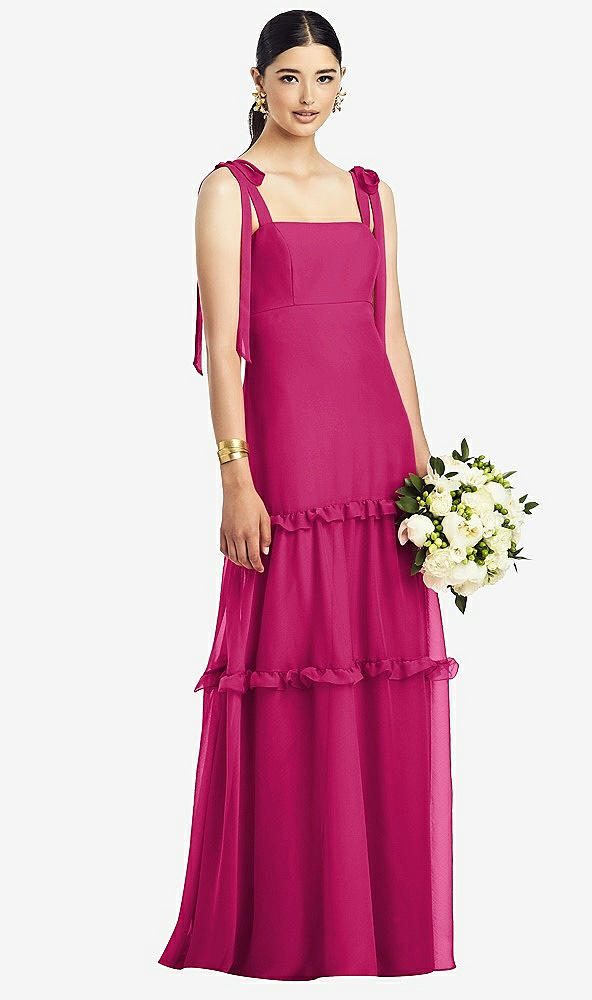 Front View - Tutti Frutti Bowed Tie-Shoulder Chiffon Dress with Tiered Ruffle Skirt