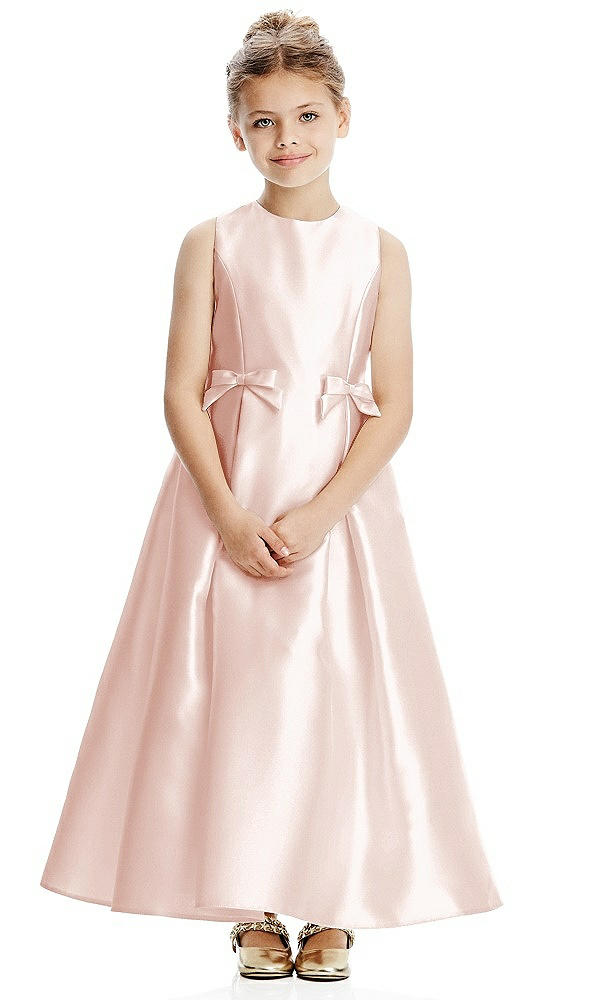 Front View - Blush Princess Line Satin Twill Flower Girl Dress with Bows