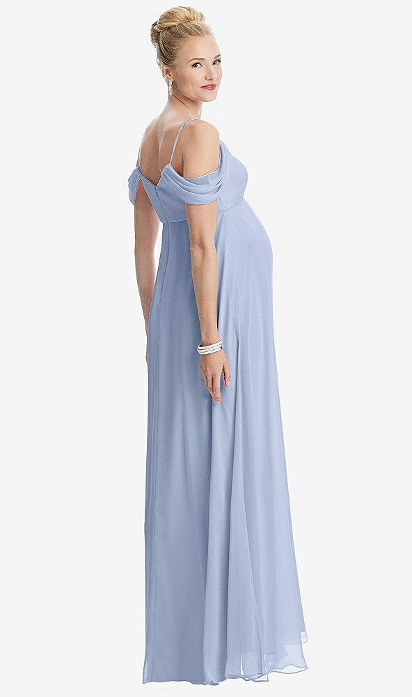 Back View - Sky Blue Draped Cold-Shoulder Chiffon Maternity Dress