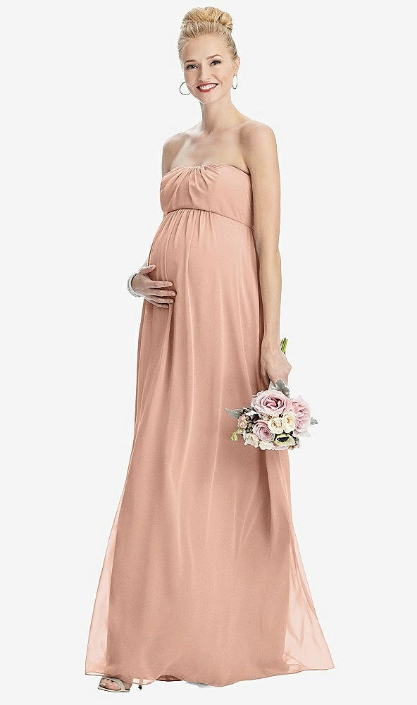 Front View - Pale Peach Strapless Chiffon Shirred Skirt Maternity Dress
