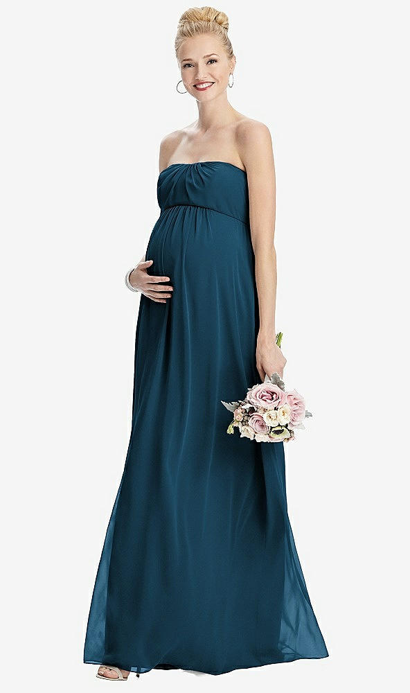 Front View - Atlantic Blue Strapless Chiffon Shirred Skirt Maternity Dress