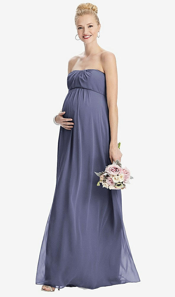 Front View - French Blue Strapless Chiffon Shirred Skirt Maternity Dress