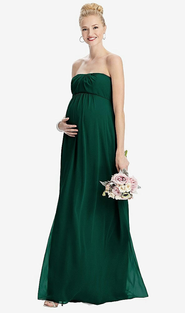 Front View - Hunter Green Strapless Chiffon Shirred Skirt Maternity Dress