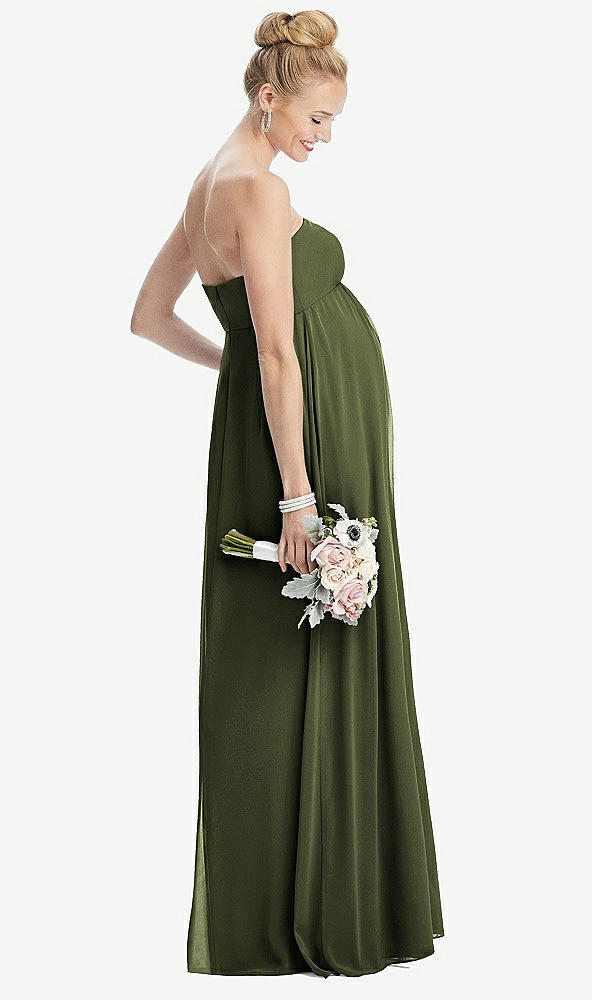 Back View - Olive Green Strapless Chiffon Shirred Skirt Maternity Dress