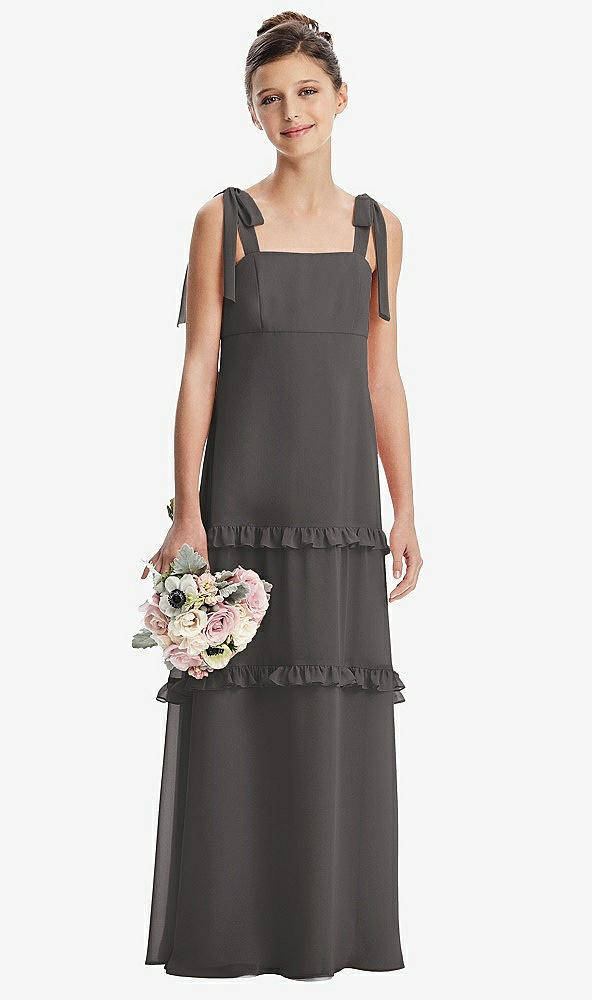 Front View - Caviar Gray Tie-Shoulder Juniors Dress with Tiered Ruffle Skirt