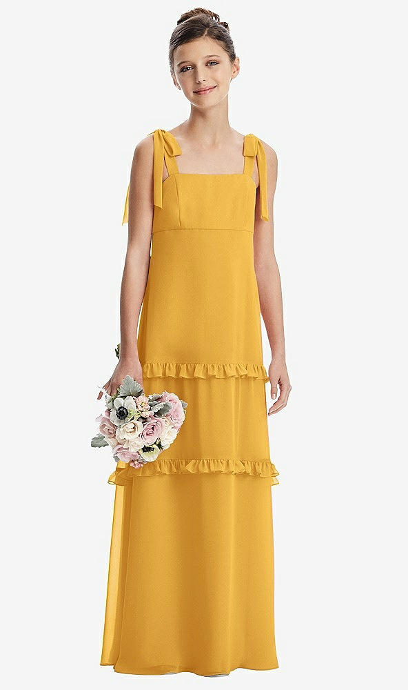 Front View - NYC Yellow Tie-Shoulder Juniors Dress with Tiered Ruffle Skirt