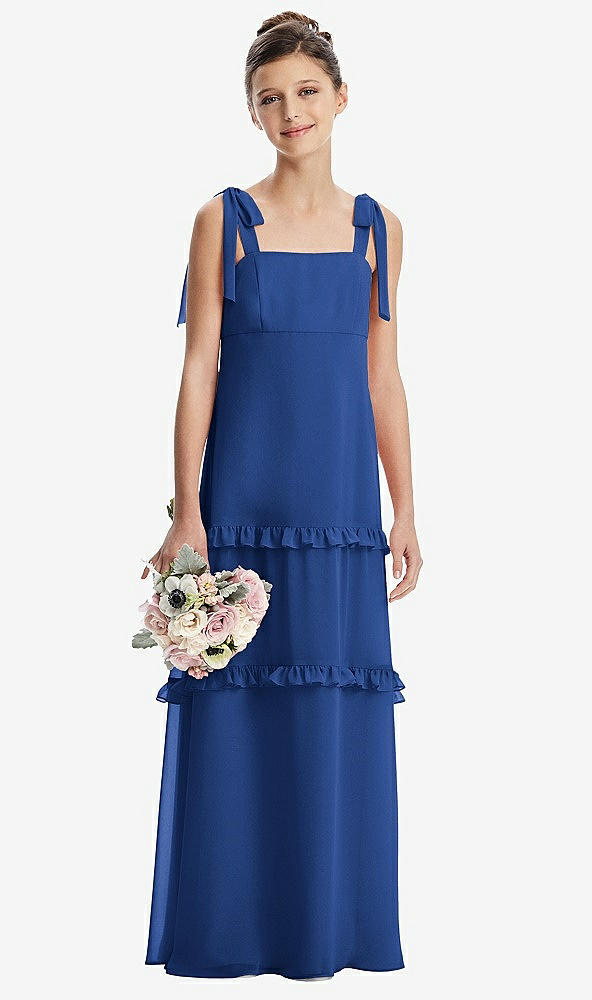 Front View - Classic Blue Tie-Shoulder Juniors Dress with Tiered Ruffle Skirt