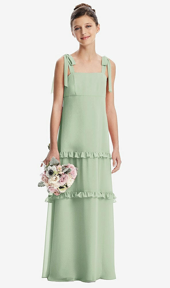 Front View - Celadon Tie-Shoulder Juniors Dress with Tiered Ruffle Skirt