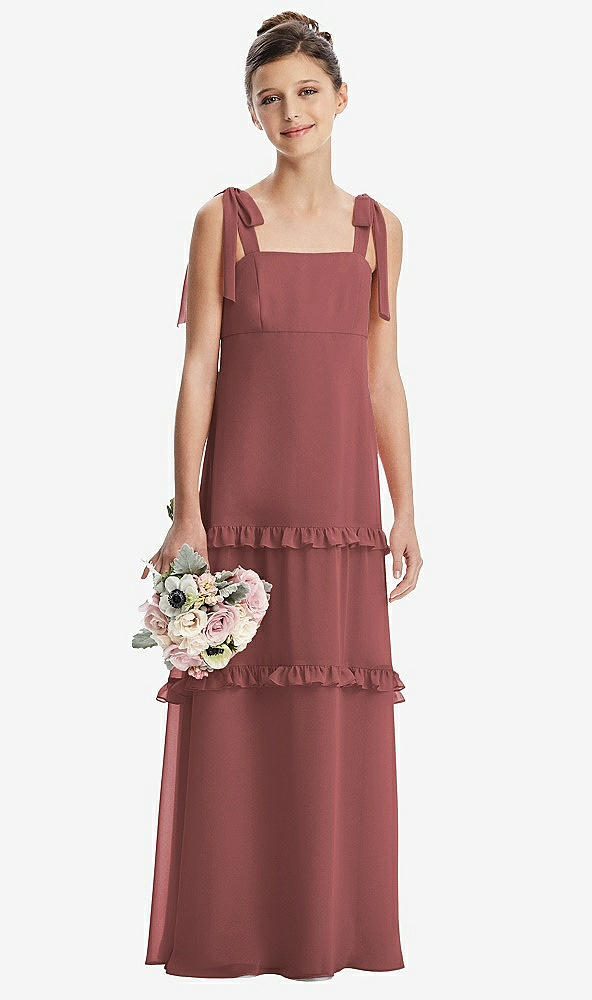 Front View - English Rose Tie-Shoulder Juniors Dress with Tiered Ruffle Skirt
