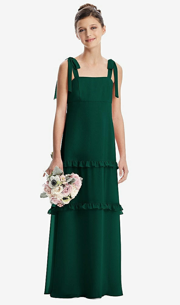 Front View - Hunter Green Tie-Shoulder Juniors Dress with Tiered Ruffle Skirt