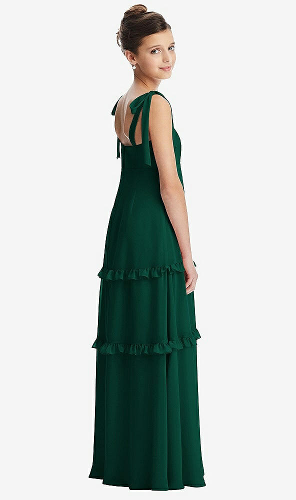 Back View - Hunter Green Tie-Shoulder Juniors Dress with Tiered Ruffle Skirt