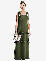 Front View Thumbnail - Olive Green Tie-Shoulder Juniors Dress with Tiered Ruffle Skirt