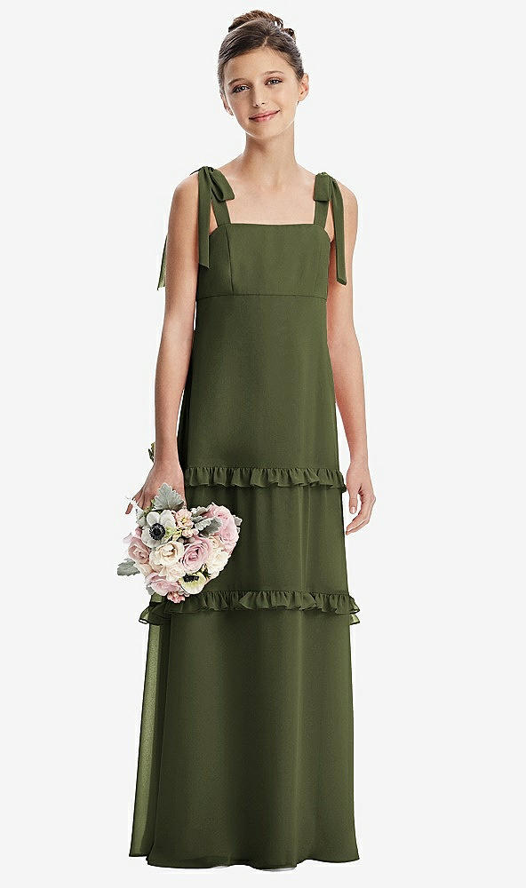 Front View - Olive Green Tie-Shoulder Juniors Dress with Tiered Ruffle Skirt
