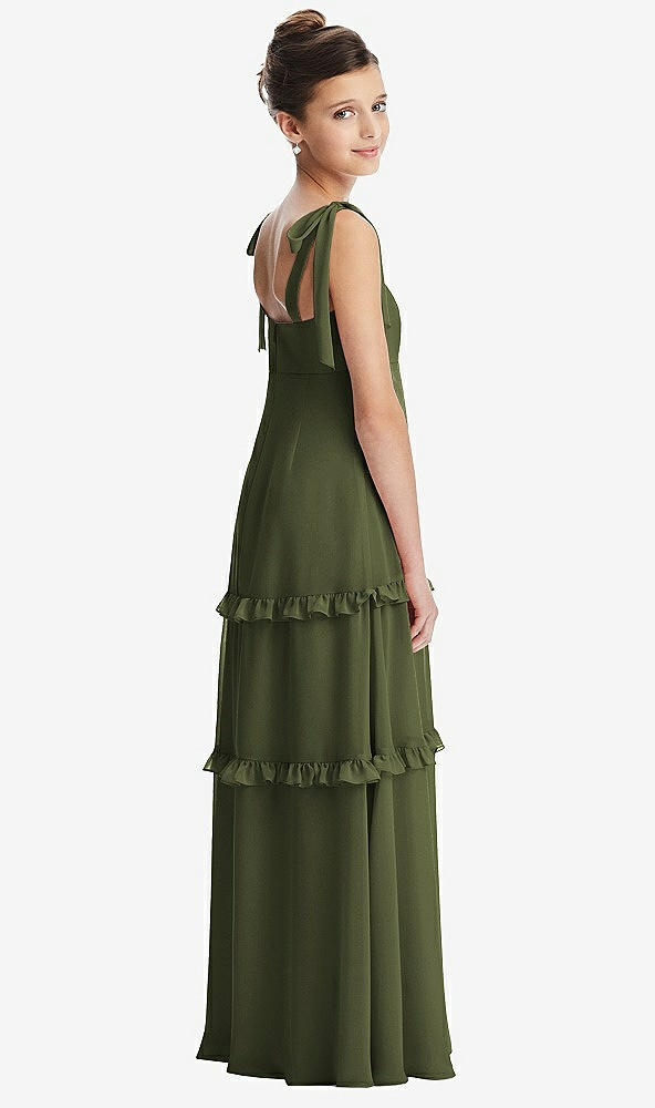 Back View - Olive Green Tie-Shoulder Juniors Dress with Tiered Ruffle Skirt