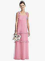Front View Thumbnail - Peony Pink Tie-Shoulder Juniors Dress with Tiered Ruffle Skirt