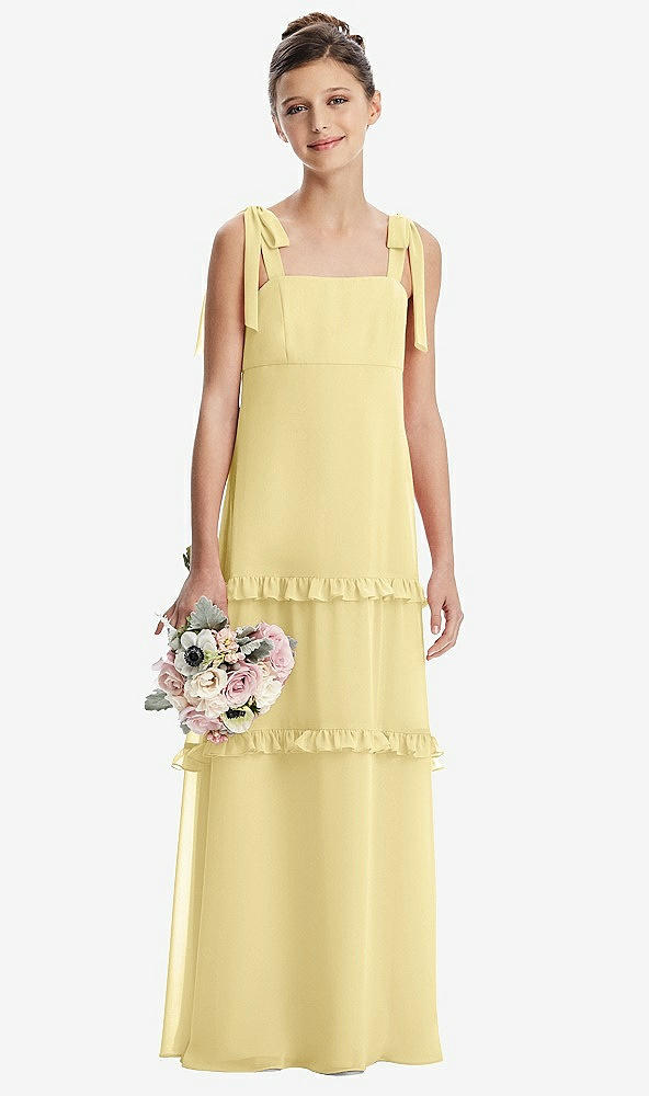 Front View - Pale Yellow Tie-Shoulder Juniors Dress with Tiered Ruffle Skirt