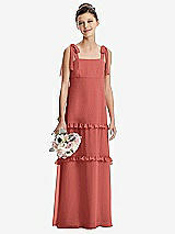 Front View Thumbnail - Coral Pink Tie-Shoulder Juniors Dress with Tiered Ruffle Skirt