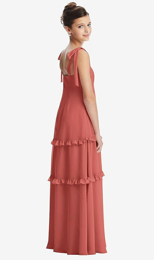 Back View - Coral Pink Tie-Shoulder Juniors Dress with Tiered Ruffle Skirt