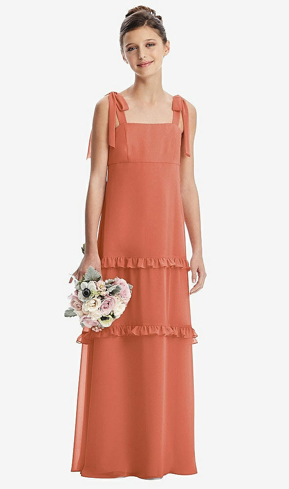 Front View - Terracotta Copper Tie-Shoulder Juniors Dress with Tiered Ruffle Skirt