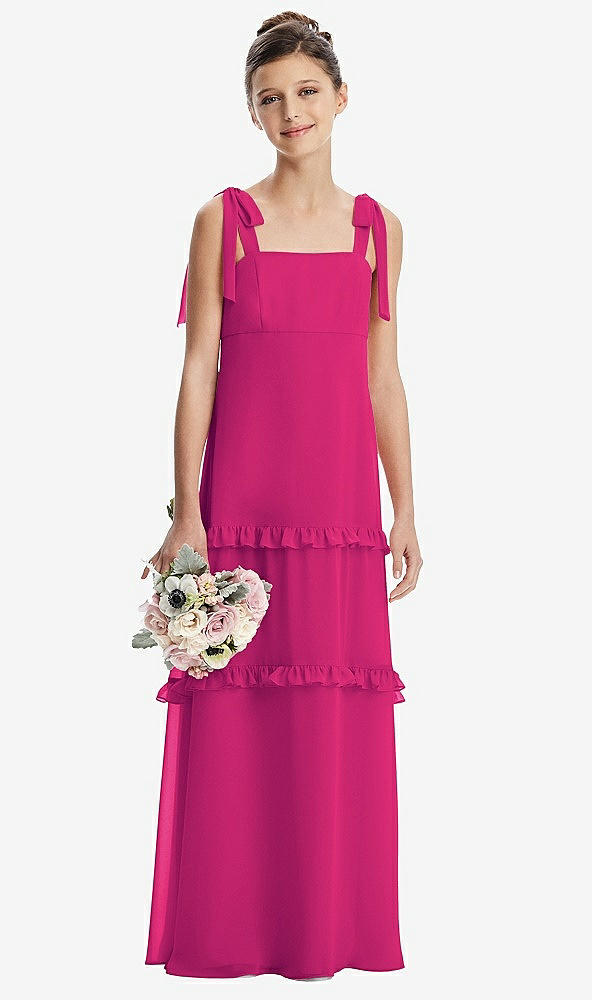 Front View - Think Pink Tie-Shoulder Juniors Dress with Tiered Ruffle Skirt