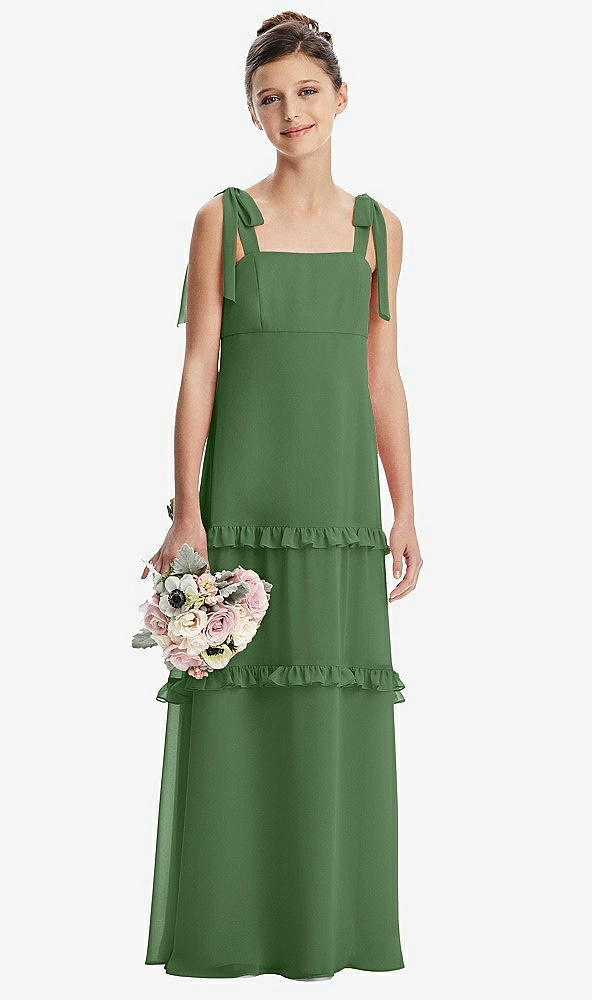 Front View - Vineyard Green Tie-Shoulder Juniors Dress with Tiered Ruffle Skirt